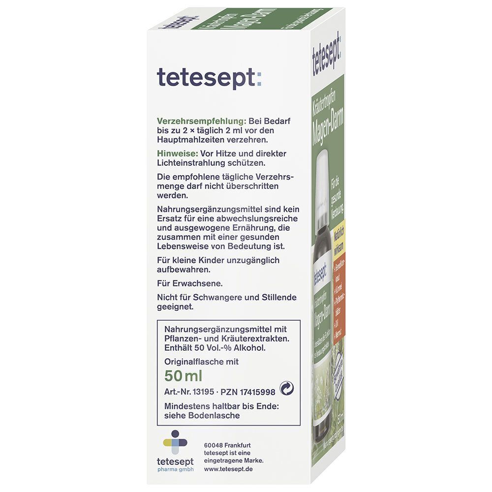 Rückseite einer Packung tetesept Kräutertropfen Magen-Darm mit Anwendungshinweisen und Inhaltsstoffen.