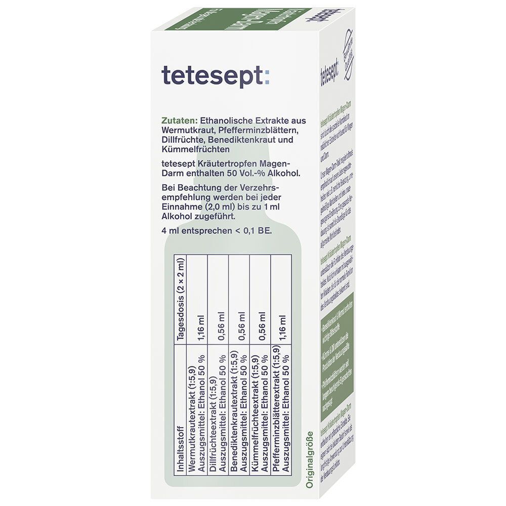 Seitenansicht einer Packung tetesept Kräutertropfen Magen-Darm mit detaillierter Auflistung der Inhaltsstoffe.