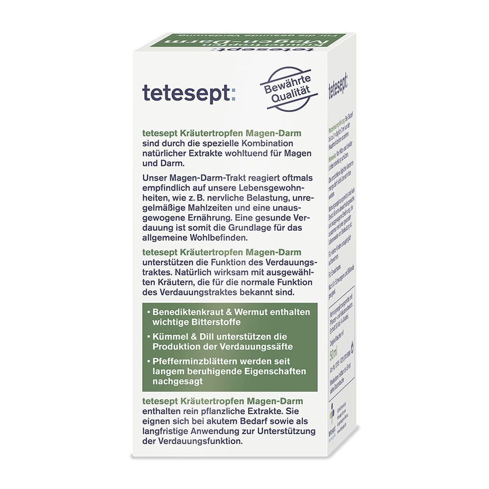 Seitenansicht einer Packung tetesept Kräutertropfen Magen-Darm mit Produktbeschreibung und Qualitätssiegel.