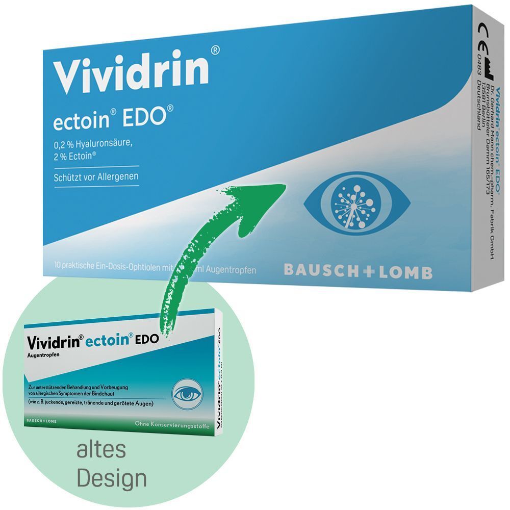 Vividrin® ectoin® EDO Augentropfen, Schachtel mit 10 Einzeldosis-Behältern und kleinerer Darstellung des alten Designs.