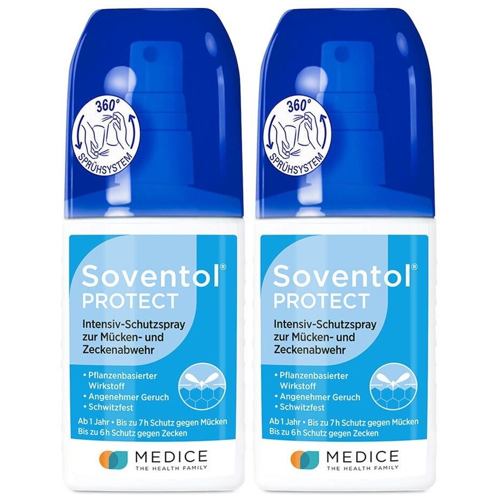 Zwei Sprühflaschen mit blauem Deckel. Aufschrift: Soventol Protect. Text: Intensiv-Schutzspray zur Mücken- und Zeckenabwehr. Logo: Medice.