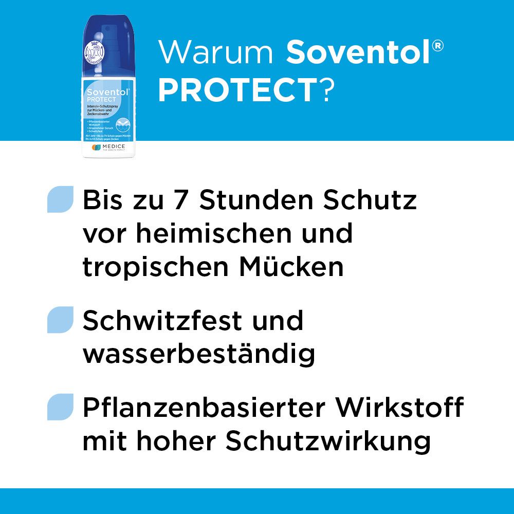 Soventol Protect Spray: Bis zu 7h Schutz vor Mücken, schwitzfest, pflanzenbasierter Wirkstoff. Informationen auf Deutsch.