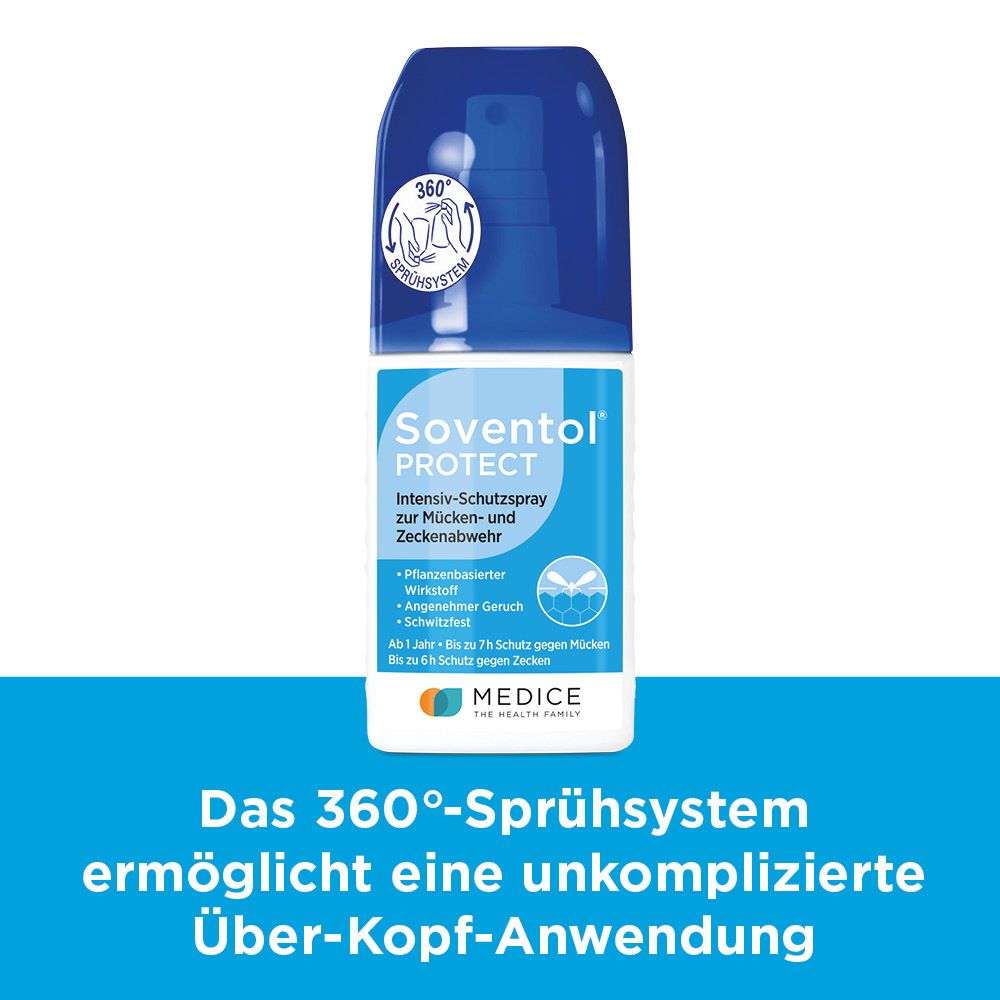 Soventol Protect Spray mit 360° Sprühsystem für unkomplizierte Über-Kopf-Anwendung. Blaue Sprühkappe, weiße Flasche.