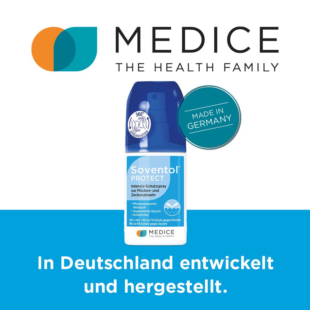 Soventol Protect Spray, Made in Germany. Medice The Health Family Logo. Flasche mit blauer Sprühkappe.