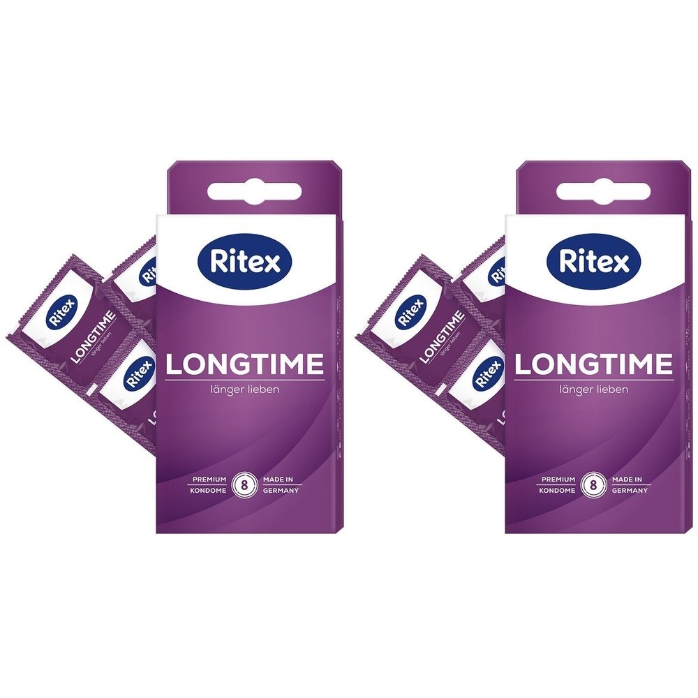 Zwei Packungen mit Kondomen. Auf der Verpackung steht "Ritex LONGTIME". Einzelne Kondome sind sichtbar. Die Verpackung ist lila.