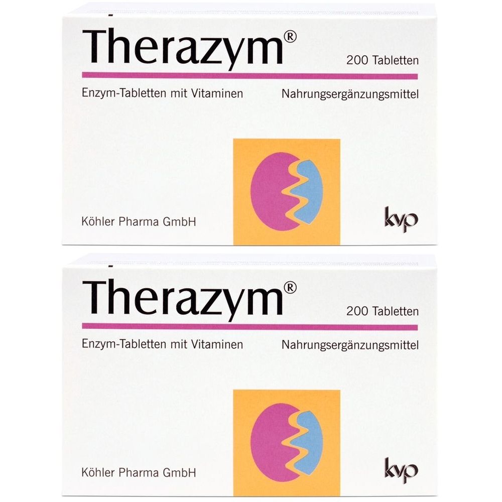 Zwei Schachteln Therazym® Tabletten. Aufschrift: Enzym-Tabletten mit Vitaminen, 200 Tabletten, Nahrungsergänzungsmittel. Logo: gelb, pink, blau.