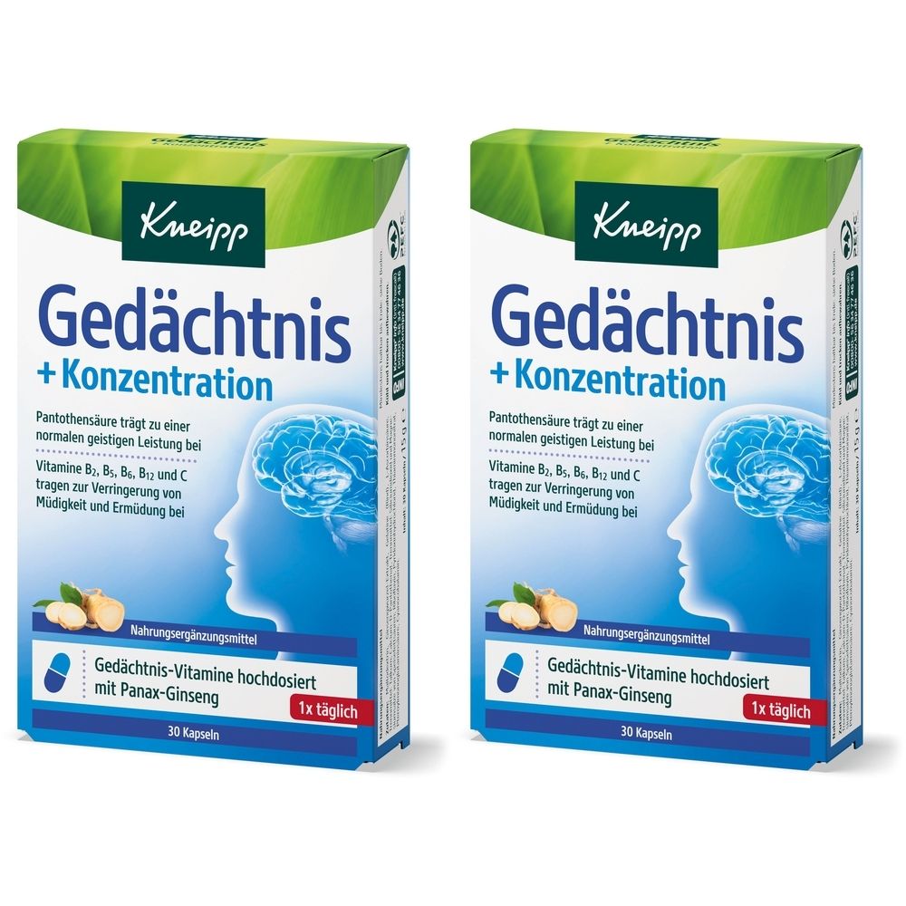 Zwei Schachteln Kneipp Gedächtnis + Konzentration. Blaue und weiße Verpackung mit Produktnamen, Gehirn-Illustration und Inhaltsangaben.