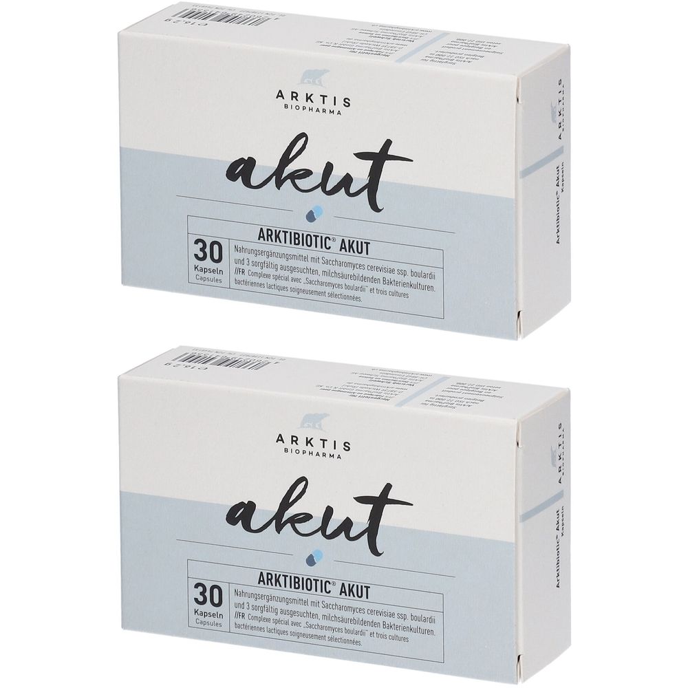 Zwei weiße Kartons mit der Aufschrift "Arktis akut". Aufschrift "30 Kapseln". Blaue Akzente. Marke: Arktis Biopharma.