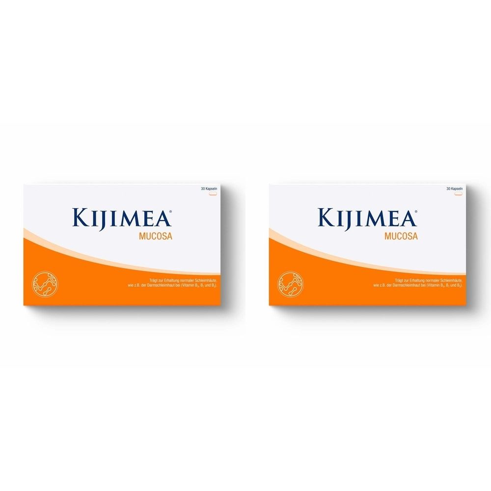 Zwei rechteckige Packungen mit weißer Oberseite und orangefarbener Unterseite. Aufschrift: Kijimea Mucosa.