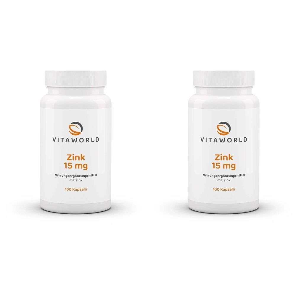 Zwei weiße Flaschen mit Schraubverschluss. Auf jeder Flasche steht "VITAWORLD", "Zink 15 mg" und "100 Kapseln".