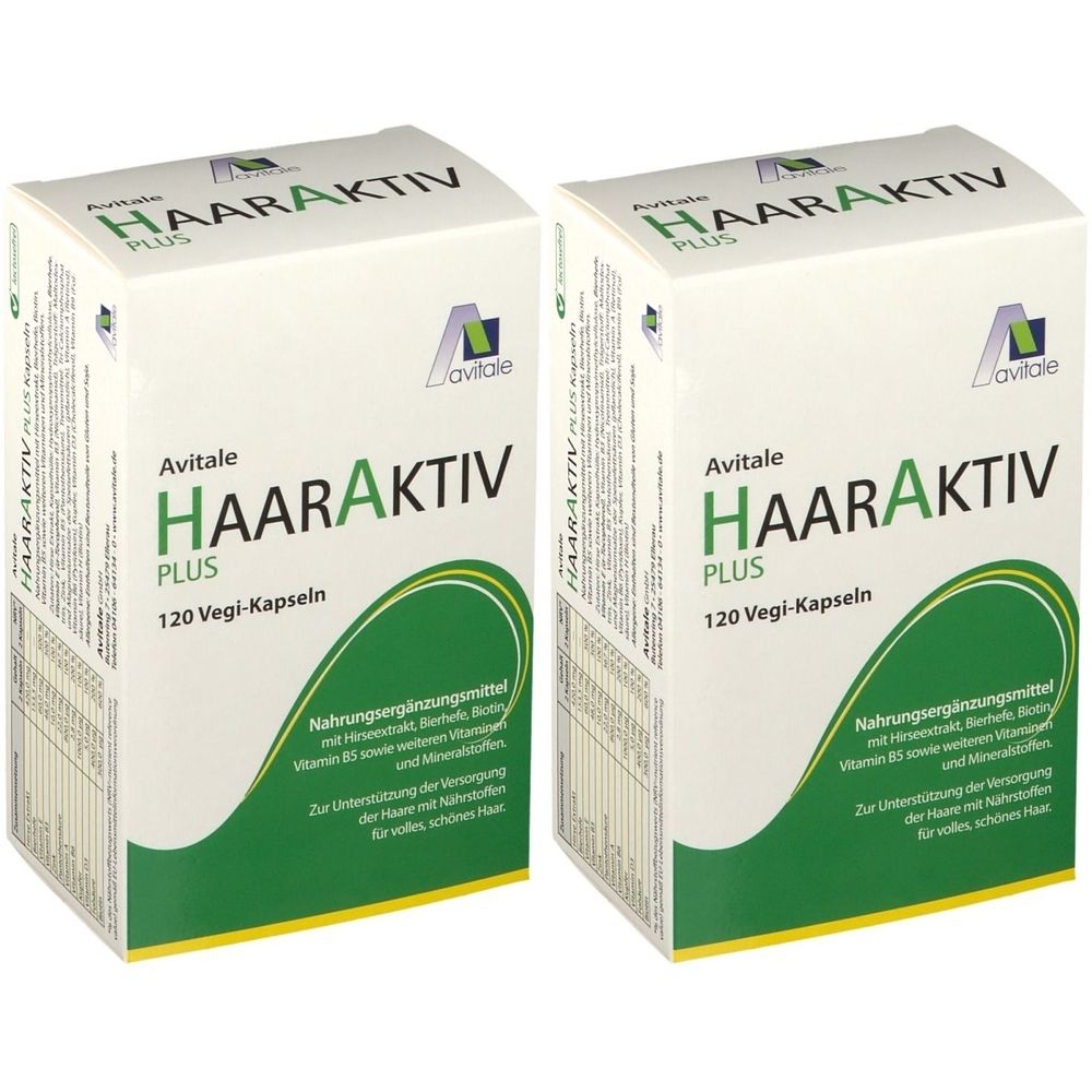 Zwei weiße Kartons mit grünen Akzenten. Aufschrift: HAARAKTIV PLUS, 120 Vegi-Kapseln. Marke: Avitale. Nahrungsergänzungsmittel.