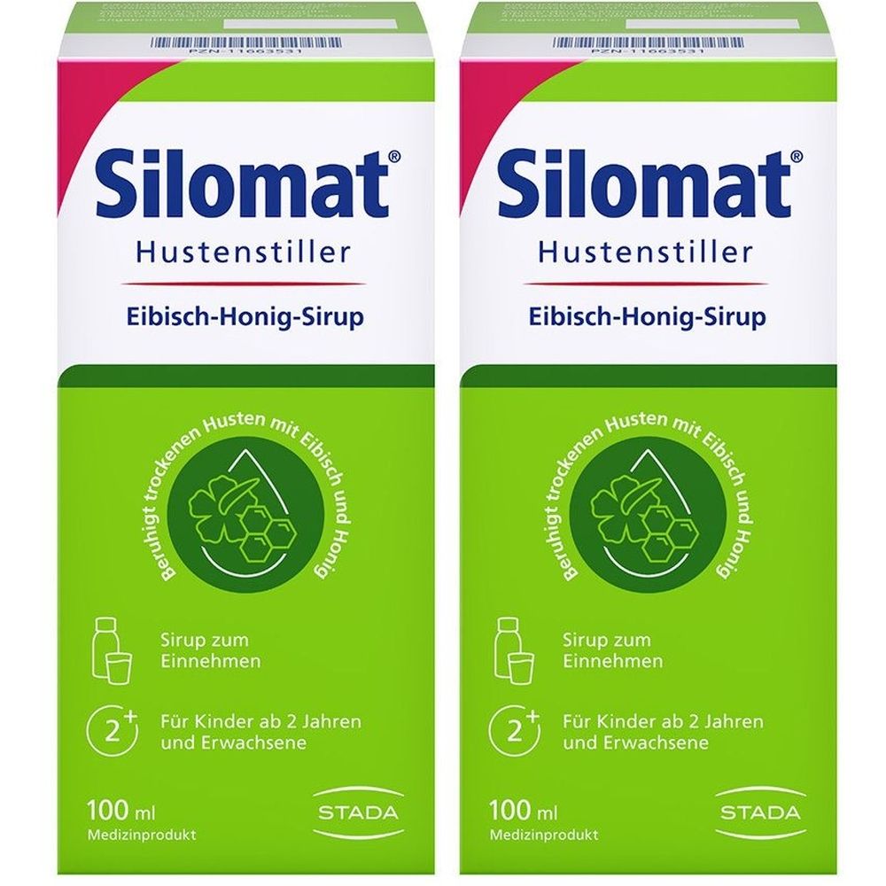 Zwei grüne und weiße Kartons. Aufschrift: Silomat Hustenstiller Eibisch-Honig-Sirup. Illustrationen und Text in deutscher Sprache.
