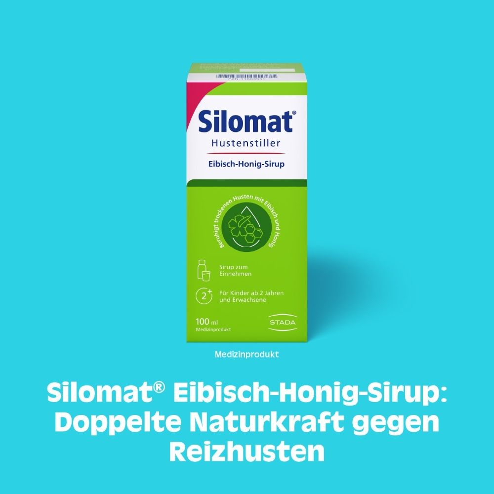 Packung Silomat Eibisch-Honig-Sirup auf blauem Hintergrund mit Text über doppelte Naturkraft gegen Reizhusten.