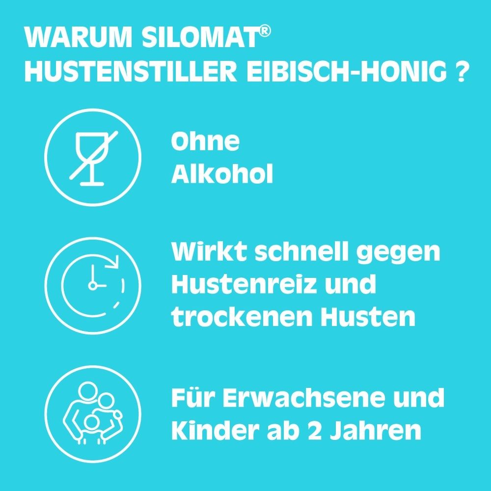 Grafiken erklären Vorteile von Silomat Hustenstiller: ohne Alkohol, wirkt schnell, für Kinder ab 2 Jahren.