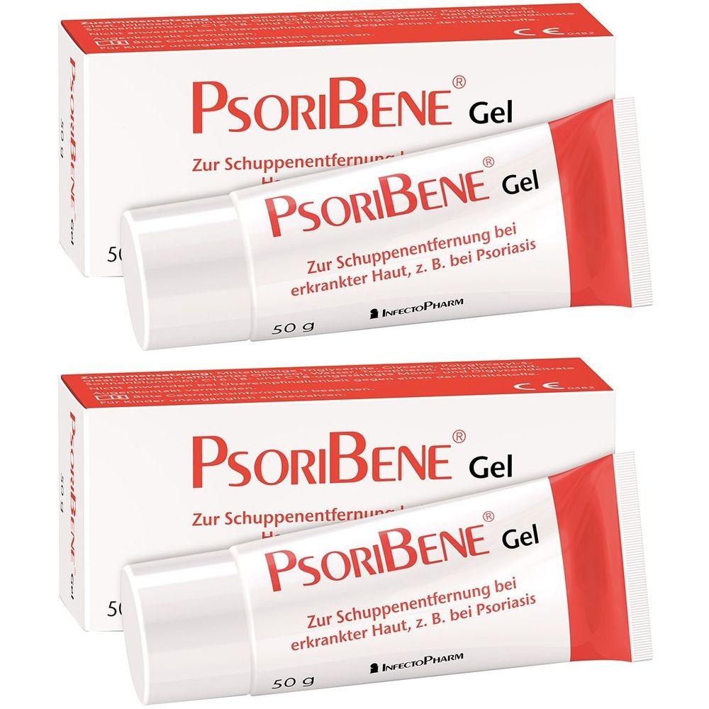 Zwei Tuben und Schachteln PsoriBene Gel. Weiße Tuben mit rotem Akzent, Schriftzug. Schachteln mit Produktnamen.