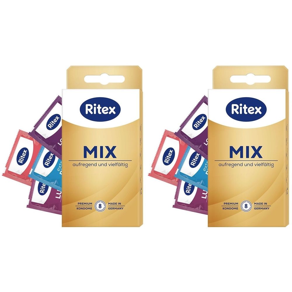 Zwei Packungen Kondome. Auf jeder Packung steht "Ritex MIX". Einzelne Kondome in verschiedenen Farben sind sichtbar.