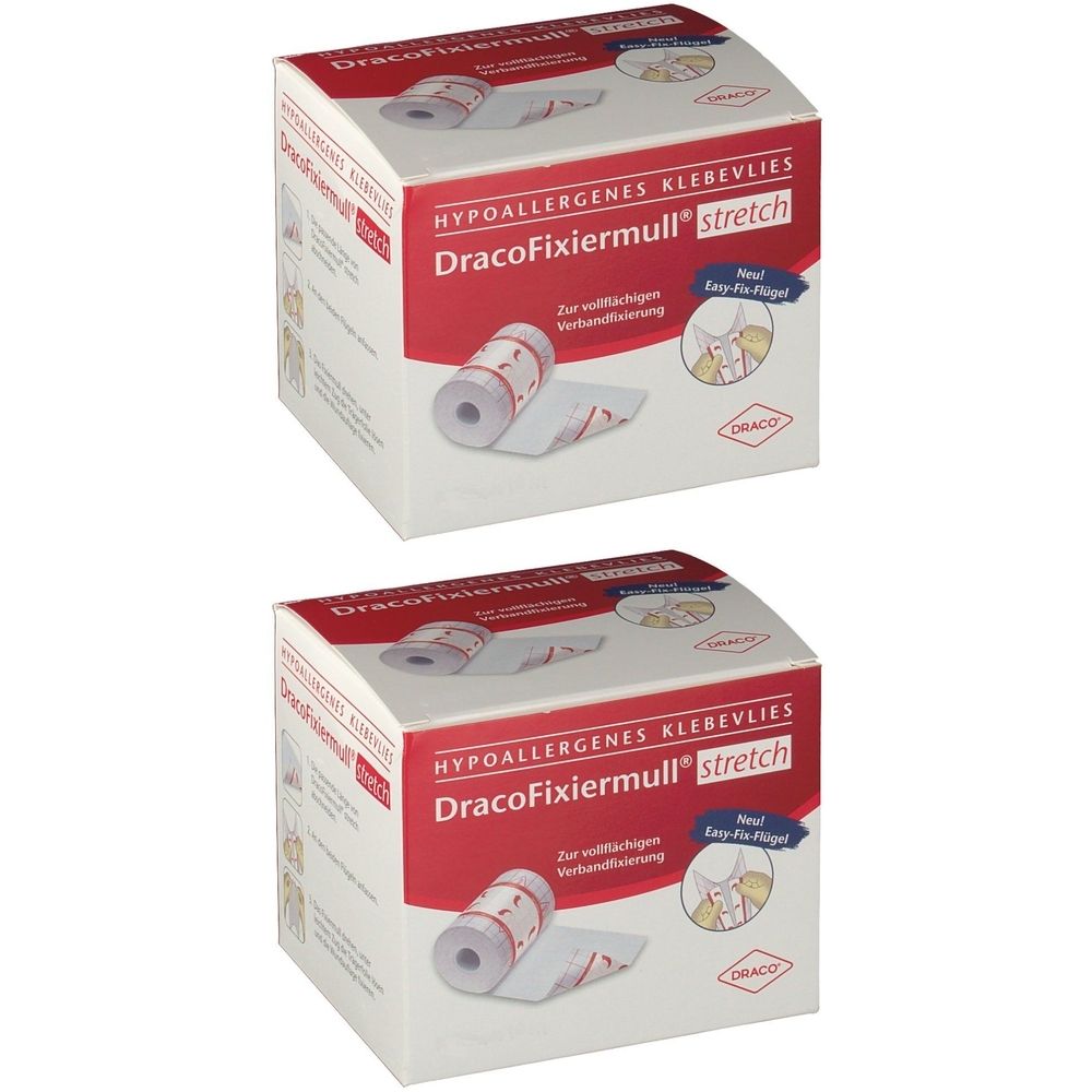 Zwei Kartons DracoFixiermull stretch. Aufdruck: hypoallergenes Klebevlies, Rolle mit Verbandmaterial. Logo.
