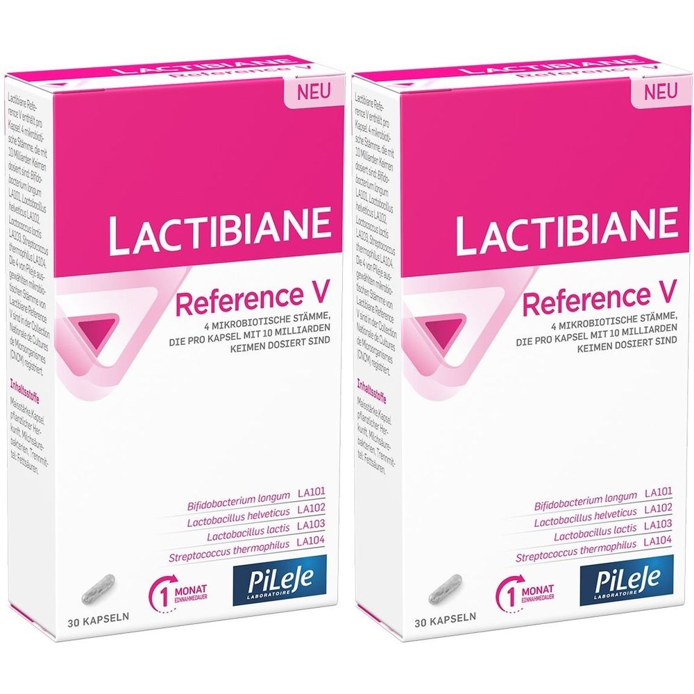 Zwei Packungen Lactibiane Reference V. Rosa-weiße Schachteln mit Produktnamen und Logo. Enthält 30 Kapseln.