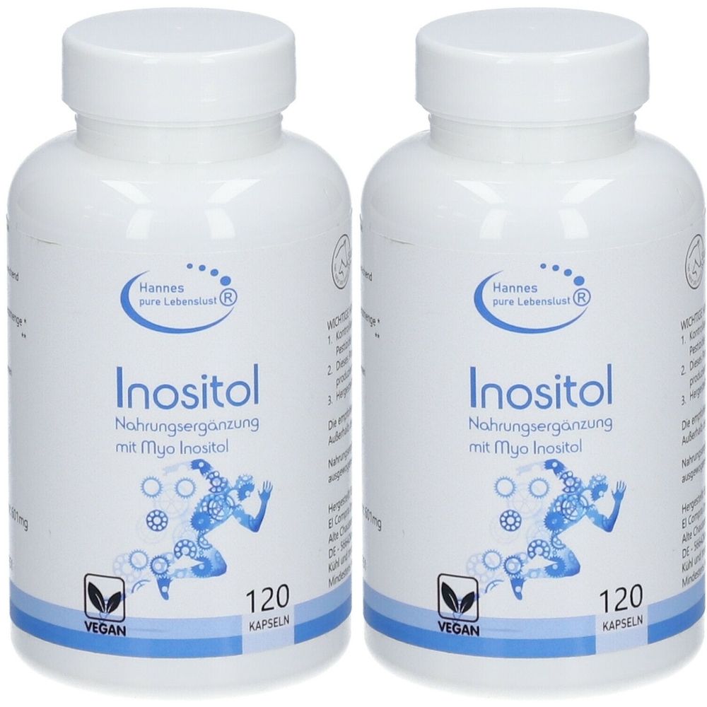 Zwei weiße Flaschen mit Etiketten. Aufschrift: Inositol, Nahrungsergänzung. Vegan-Siegel. 120 Kapseln. Marke: Hannes pure Lebenslust.