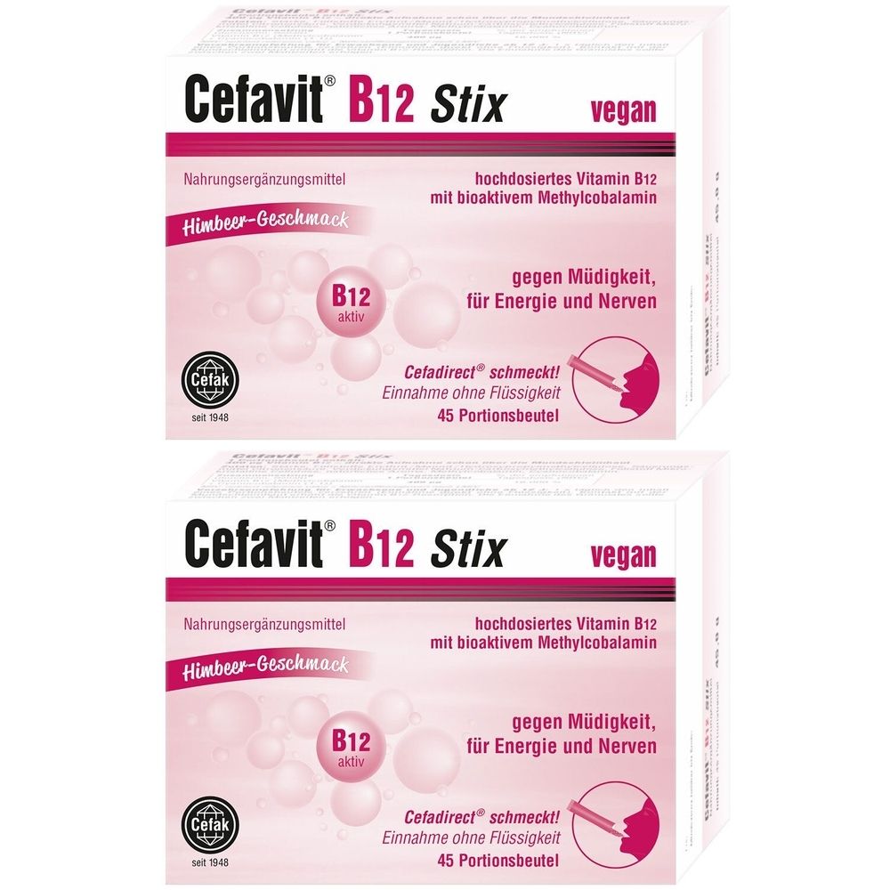 Zwei Packungen Cefavit B12 Stix. Aufschrift: vegan, Himbeer-Geschmack, hochdosiertes Vitamin B12. 45 Portionsbeutel.