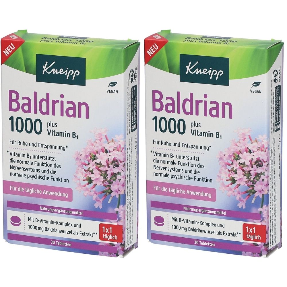 Zwei Schachteln Kneipp Baldrian 1000 plus Vitamin B1. Aufschrift: Baldrian 1000, Vitamin B1. Vegan-Siegel. Rosa Blüten.