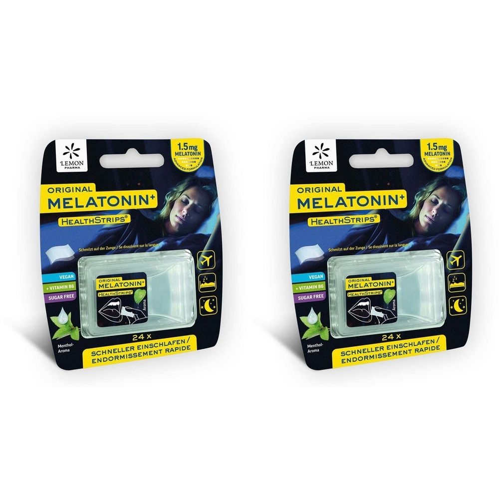 Zwei Packungen Melatonin Healthstrips. Schwarze Verpackung mit Produktname und Frau im Schlaf. Enthält 24 Streifen.