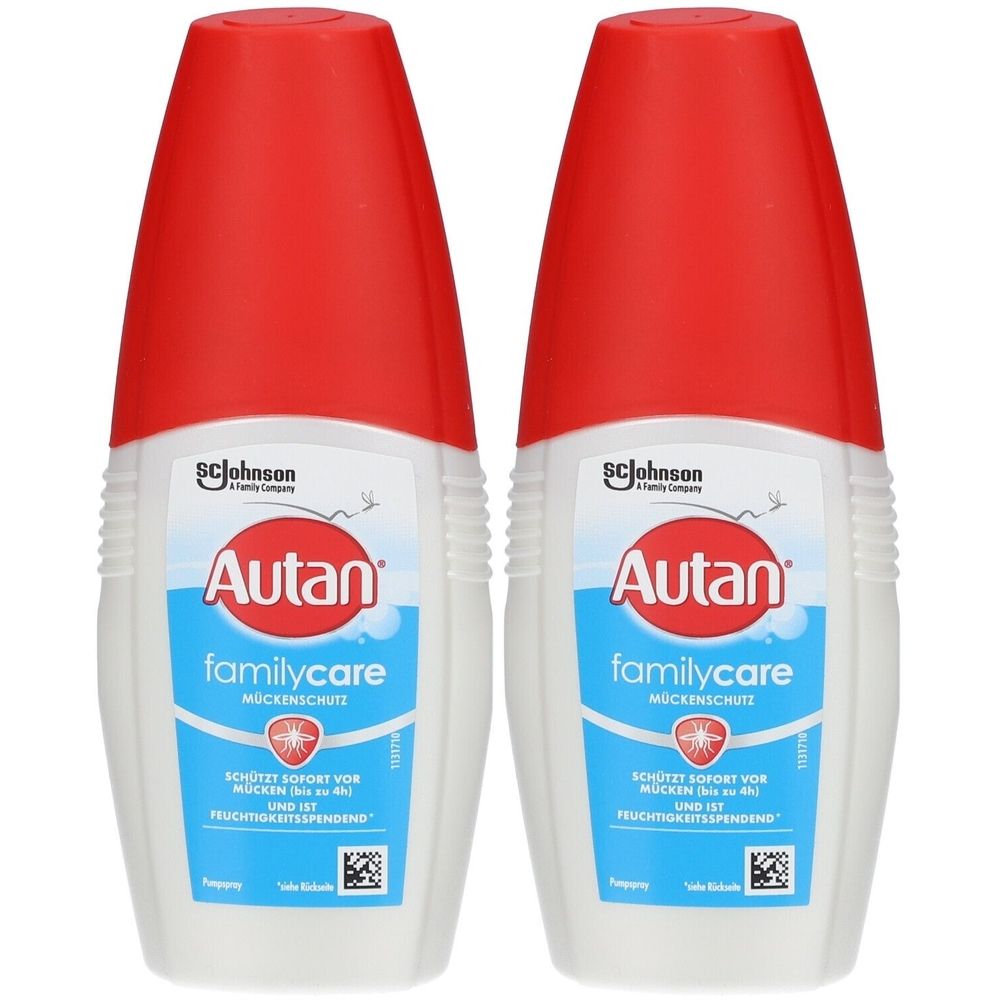 Zwei Flaschen mit rotem Deckel. Aufschrift: Autan familycare Mückenschutz. Hersteller: SC Johnson.