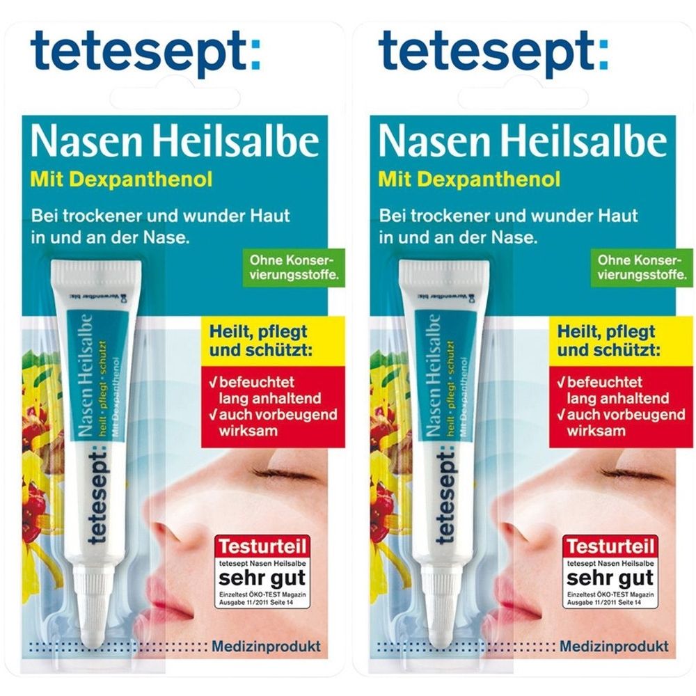 Zwei Tuben Nasen Heilsalbe mit Dexpanthenol. Verpackung mit Produktinformationen und Testurteil.