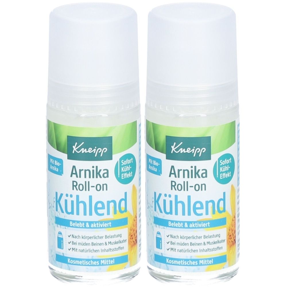 Zwei Roll-on-Flaschen. Aufschrift: Kneipp Arnika Roll-on Kühlend. Mit weißem Deckel und grüner, gelber und blauer Beschriftung.