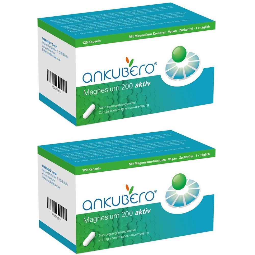 Zwei Schachteln mit der Aufschrift "ankubero Magnesium 200 aktiv". Die Verpackung ist blau und weiß mit grünen Akzenten. 120 Kapseln.
