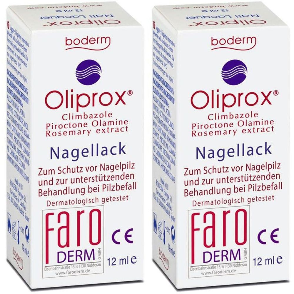 Zwei Oliprox Nagellack-Verpackungen. Weiße Kartons mit Produktnamen, Inhaltsstoffen und CE-Zeichen. 12 ml.
