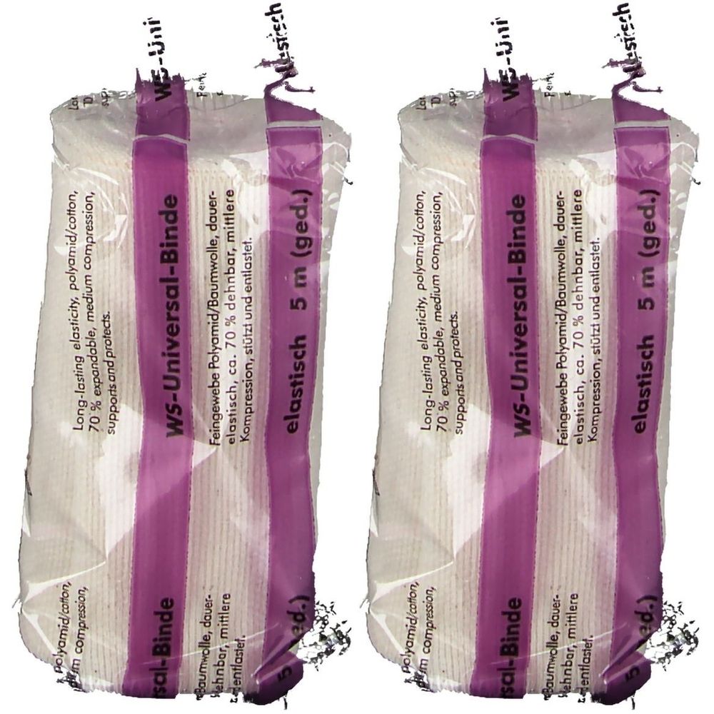 Zwei Packungen WS-Universal-Binde. Aufschrift: elastisch 5 m (ged.). Feingewebe, 70% dehnbar, mittlere Kompression.