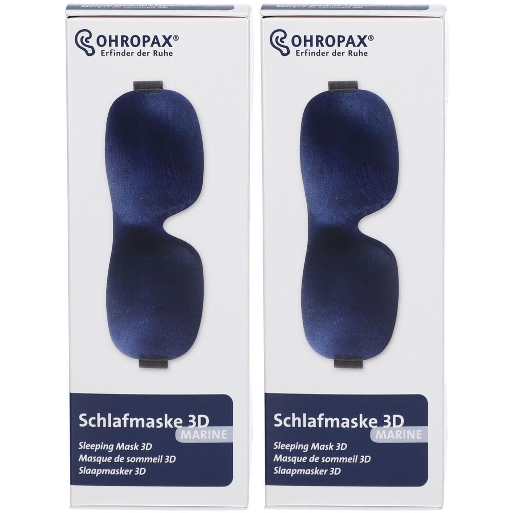 Zwei Packungen OHROPAX® Schlafmaske 3D. Marineblaue Schlafmaske in weißer Verpackung. Produktname und Marke sichtbar.