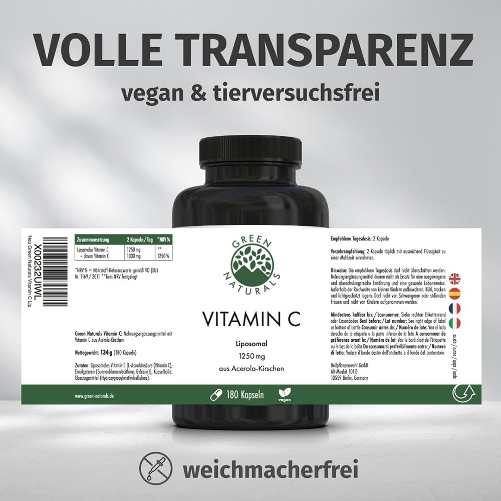 Flasche GREEN NATURALS Vitamin C, 180 Kapseln. Vegan, tierversuchsfrei, weichmacherfrei.