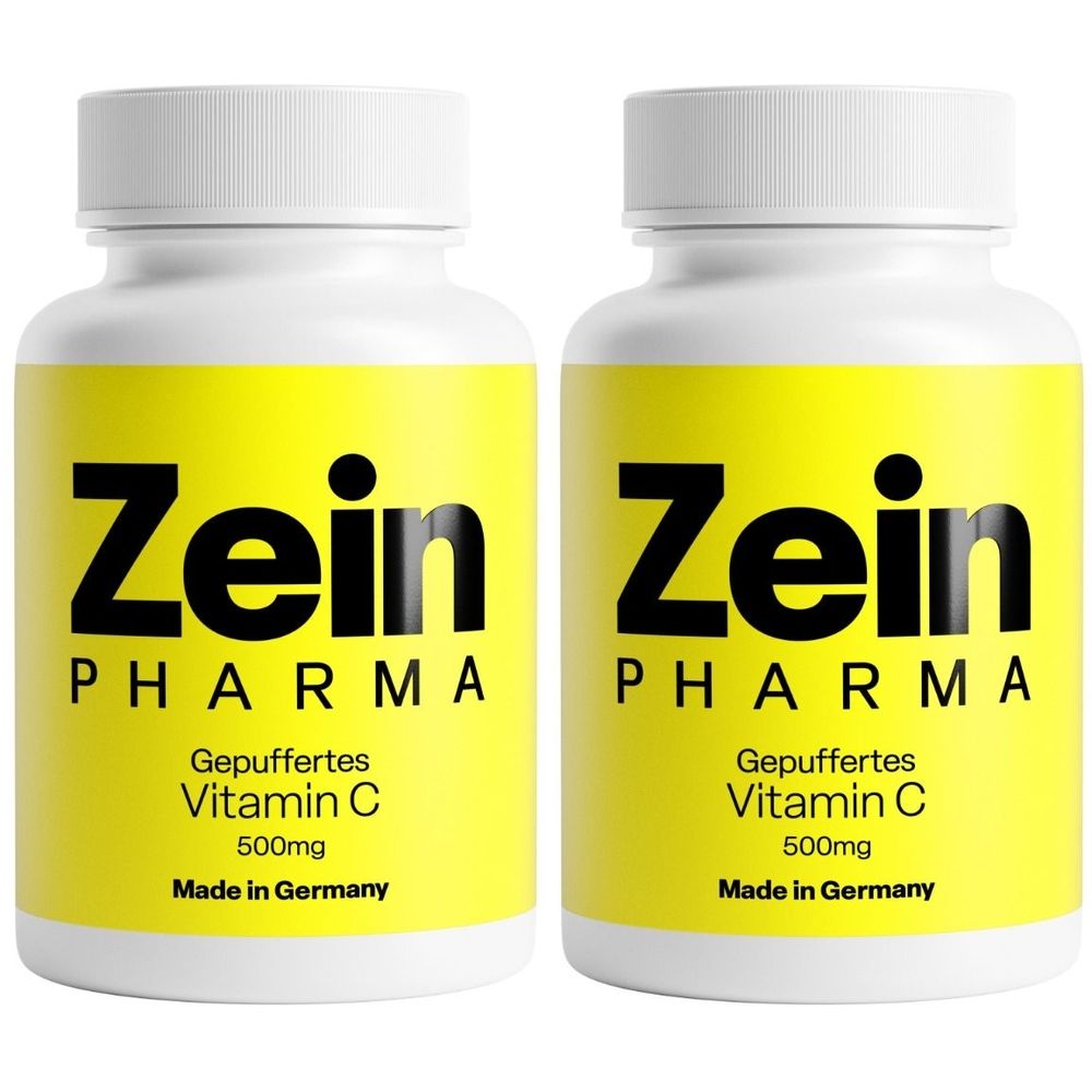 Zwei weiße Flaschen mit gelben Etiketten. Aufschrift: Zein Pharma, Vitamin C 500mg. Hergestellt in Deutschland.