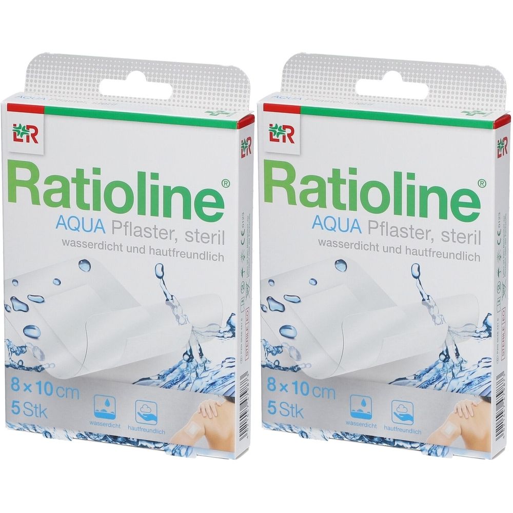 Zwei Packungen Ratioline® aqua Duschpflaster Plus. Weiße Kartons mit grüner Schrift. Aufdruck: 8x10 cm, 5 Stück.