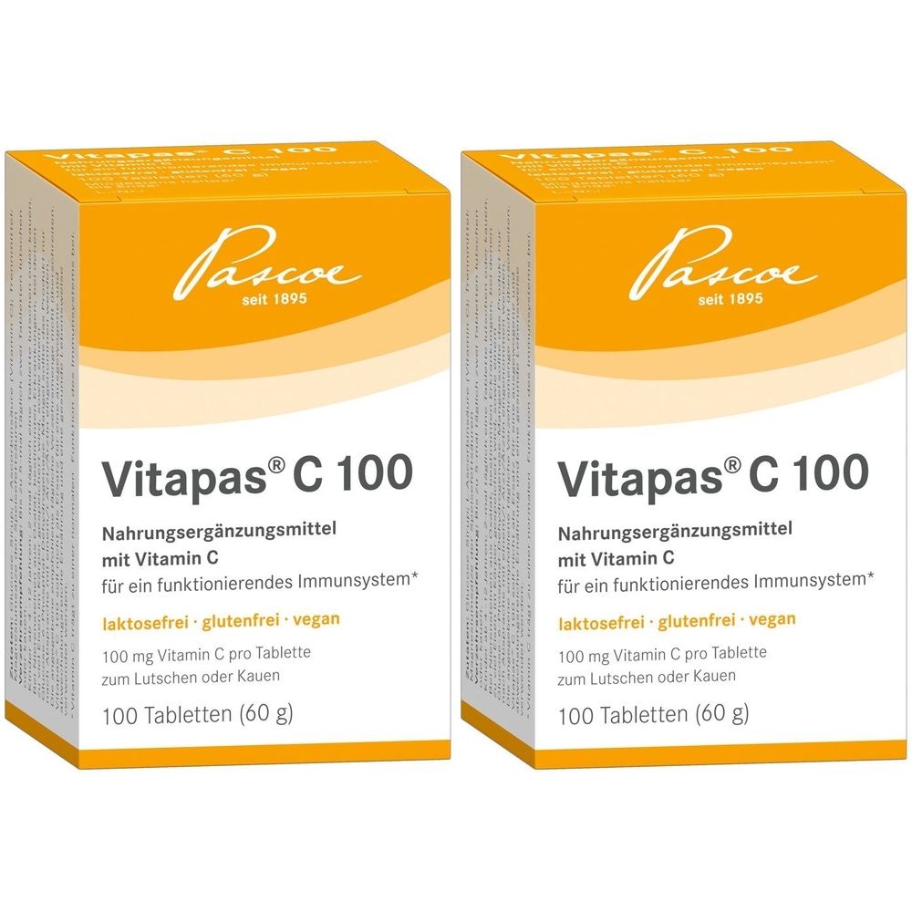 Zwei Packungen Vitapas® C 100. Nahrungsergänzungsmittel mit Vitamin C. Orange-weißes Design mit Produktnamen und Logo. 100 Tabletten.
