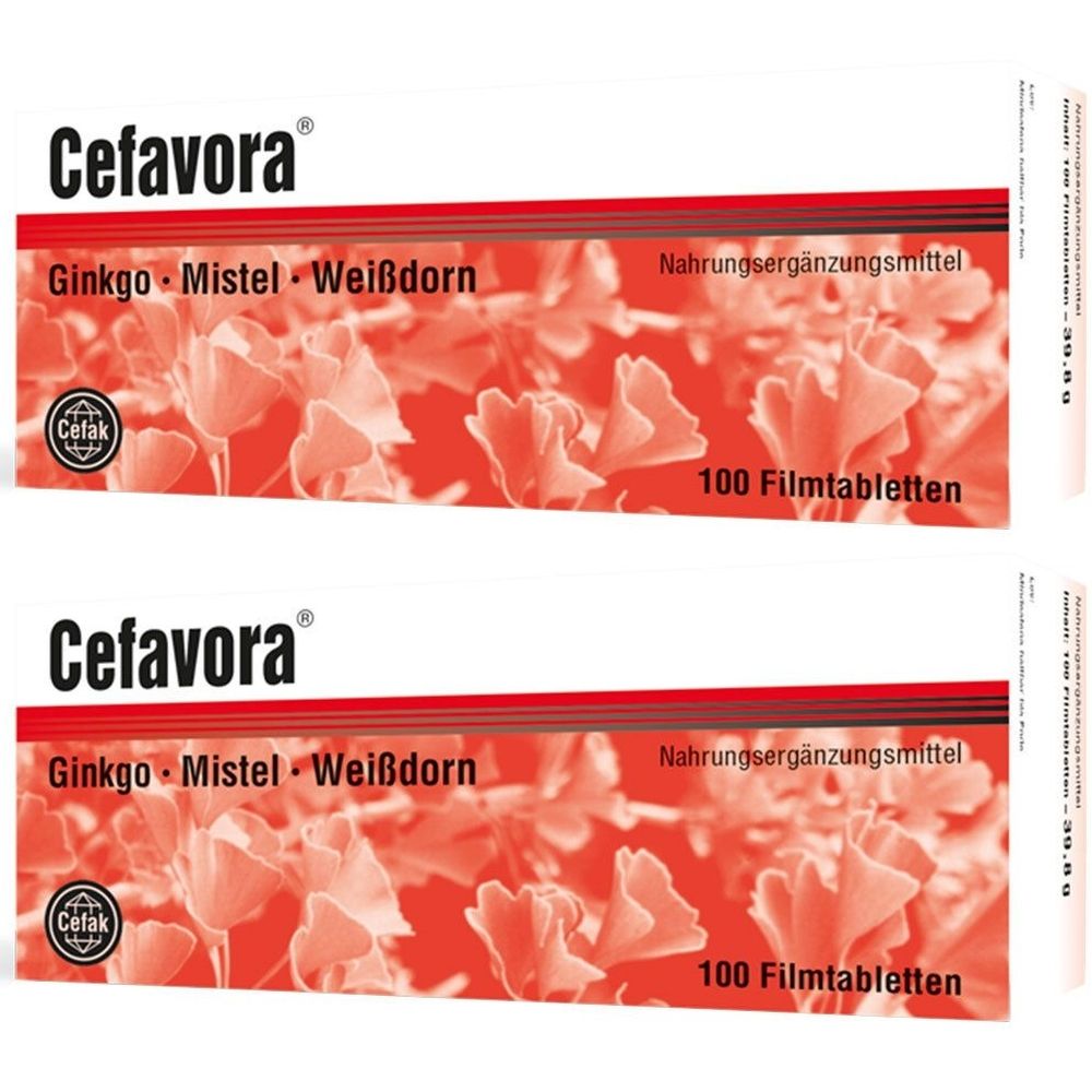 Zwei Schachteln Cefavora. Aufschrift: Ginkgo, Mistel, Weißdorn. 100 Filmtabletten. Nahrungsergänzungsmittel. Marke Cefak.