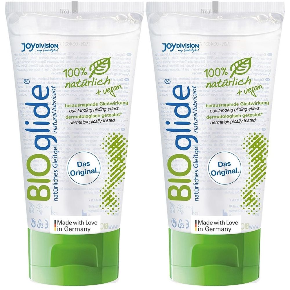 Zwei Tuben BIOglide Gleitgel. Weiß mit grünen Akzenten. Aufschrift: 100% natürlich + vegan, dermatologisch getestet. Hergestellt in Deutschland.