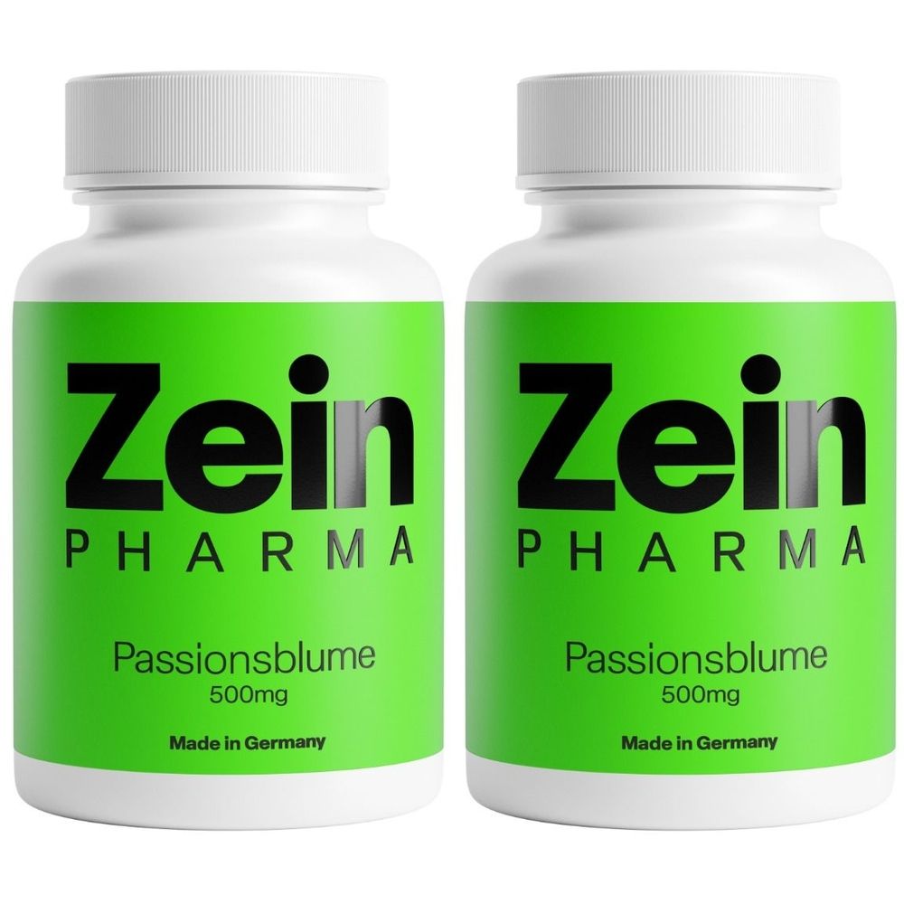 Zwei weiße Flaschen mit grünem Etikett. Aufschrift: Zein Pharma, Passionsblume 500mg. Hergestellt in Deutschland.