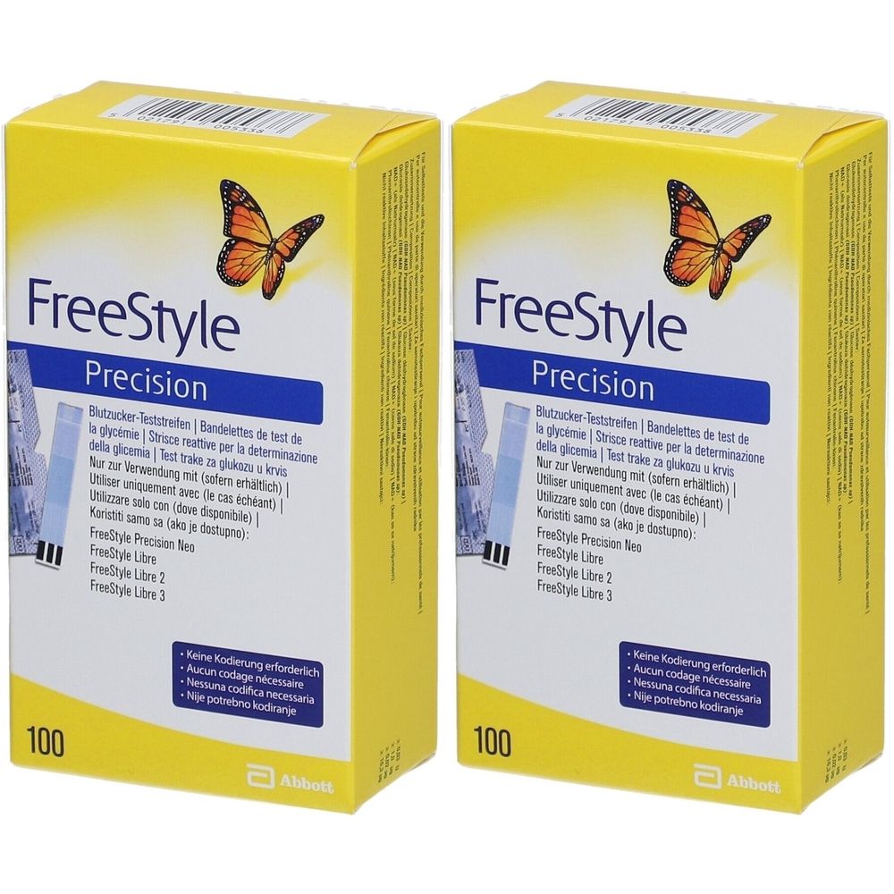 Zwei gelbe Kartons mit "FreeStyle Precision" Aufdruck. Auf jedem Karton ist eine orangefarbene Schmetterlingsabbildung und die Zahl "100" zu sehen.