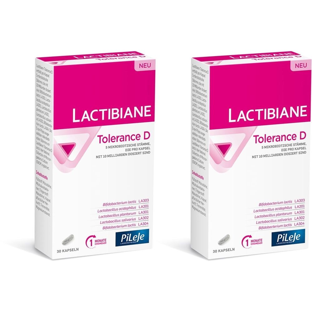 Zwei weiße Kartons mit pinkfarbenem Deckel. Aufschrift: LACTIBIANE Tolerance D. 30 Kapseln. Logo: PiLeje.