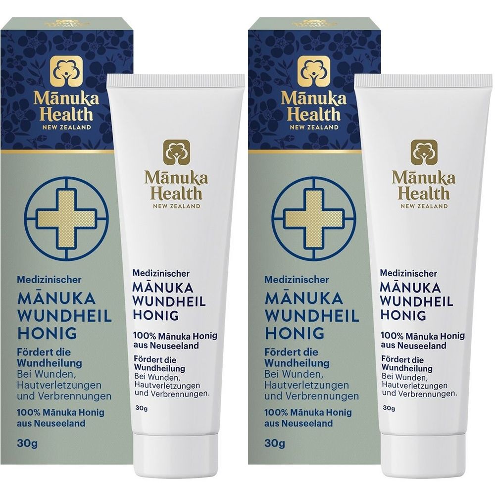 Zwei Tuben und zwei Schachteln. Aufschrift: Mānuka Health, Medizinischer Wundheil Honig. Mit Kreuz-Symbol.