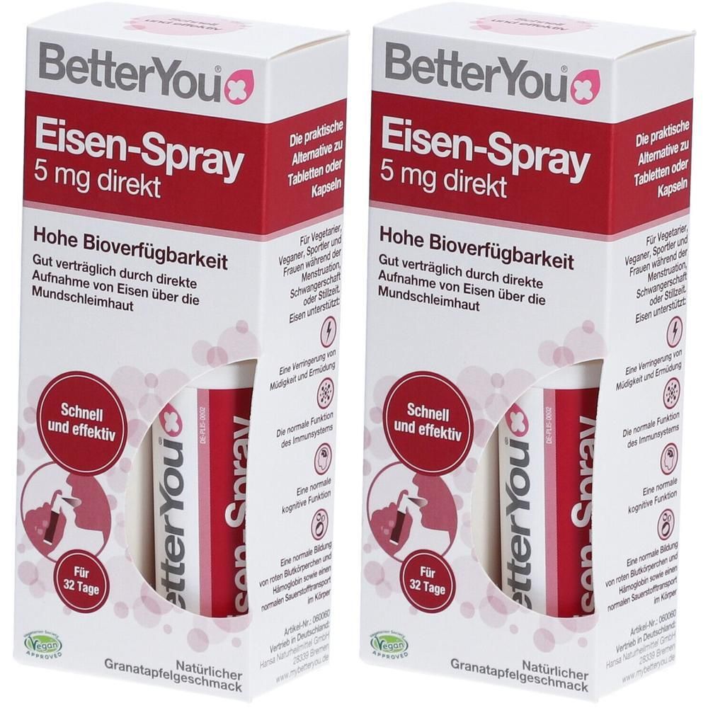 Zwei Packungen BetterYou Eisen-Spray 5 mg direkt mit Granatapfelgeschmack. Für 32 Tage.