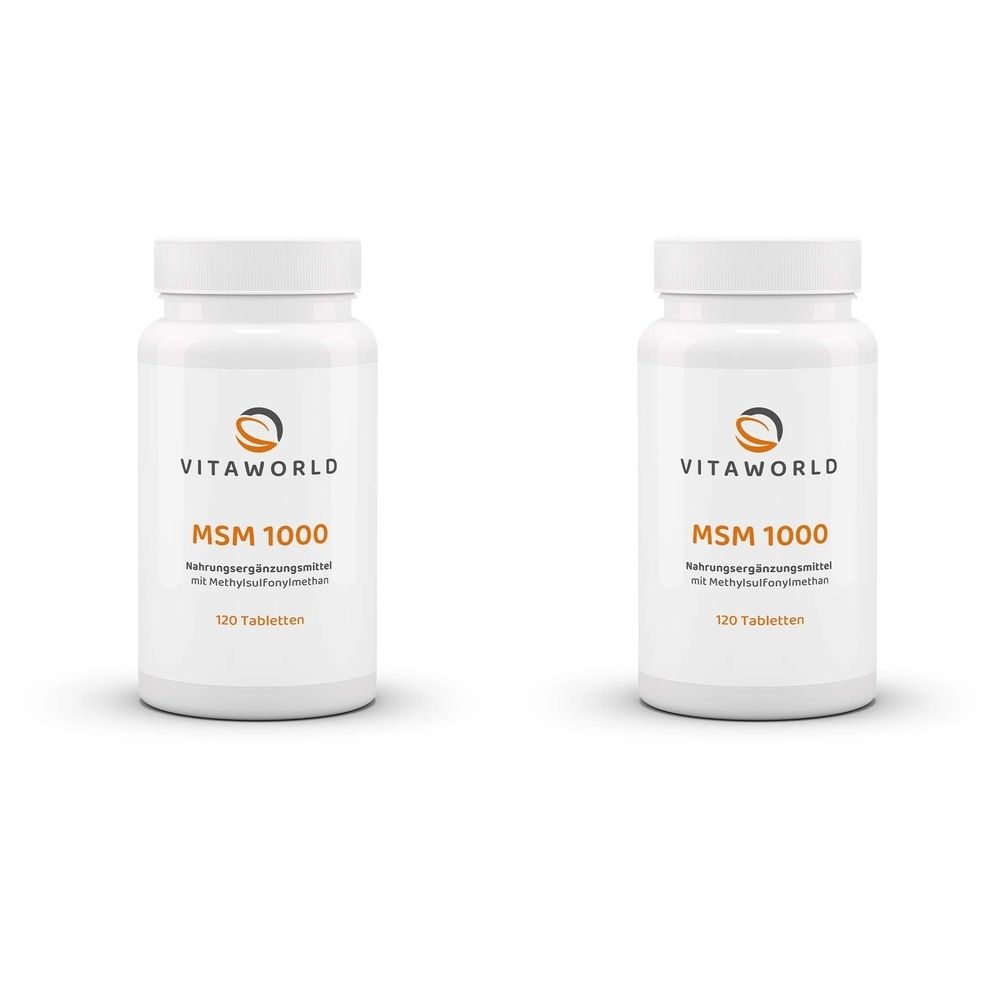 Zwei weiße Flaschen mit Schraubverschluss. Aufschrift: VitaWorld, MSM 1000, Nahrungsergänzungsmittel, 120 Tabletten.