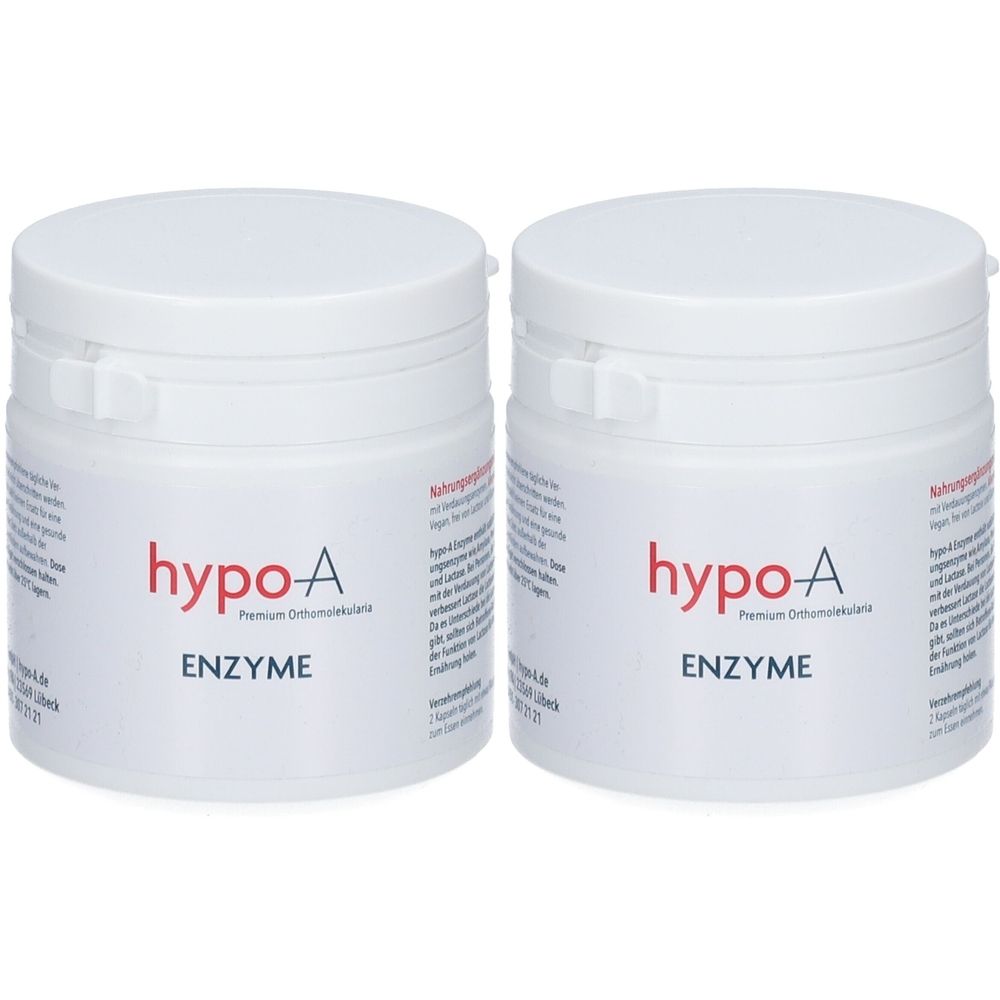 Zwei weiße Behälter mit Deckel. Aufschrift: hypo-A ENZYME. Premium Orthomolekulare.