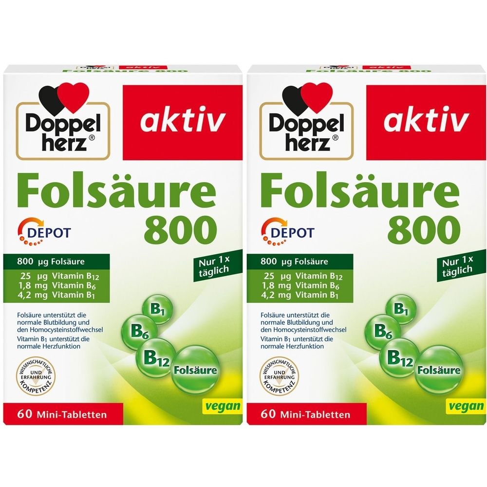 Zwei Packungen Doppelherz aktiv Folsäure 800 DEPOT. Aufschrift: Folsäure 800, 60 Mini-Tabletten, vegan. Enthält Vitamine B6, B12, B1.