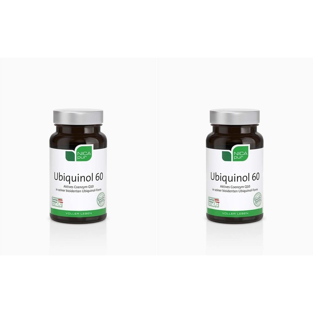 Zwei braune Glasflaschen mit silbernen Deckeln. Auf den Etiketten steht "Ubiquinol 60" und ein grünes Logo.