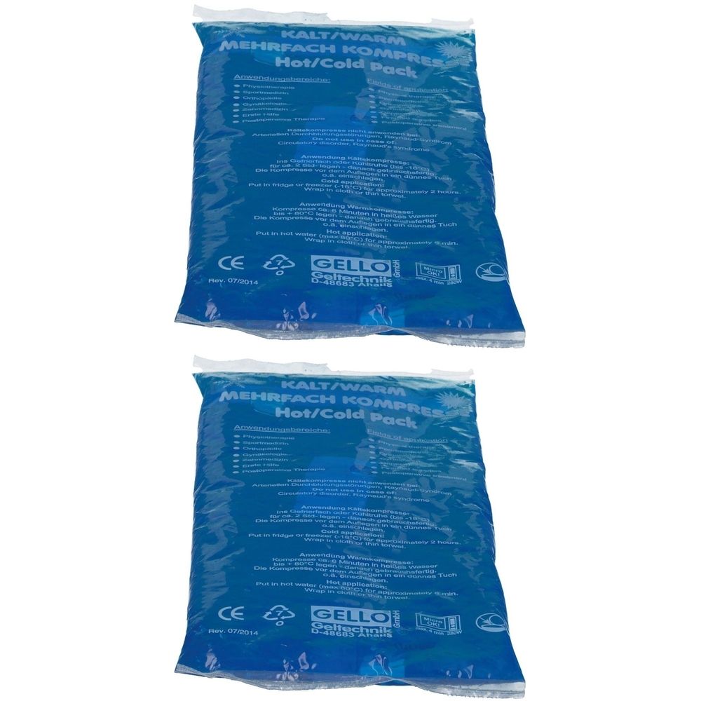 Zwei blaue Mehrfachkompressen. Aufschrift: Kalt/Warm, Hot/Cold Pack, CE-Zeichen, Marke Gello. Verpackung mit weißem Rand.