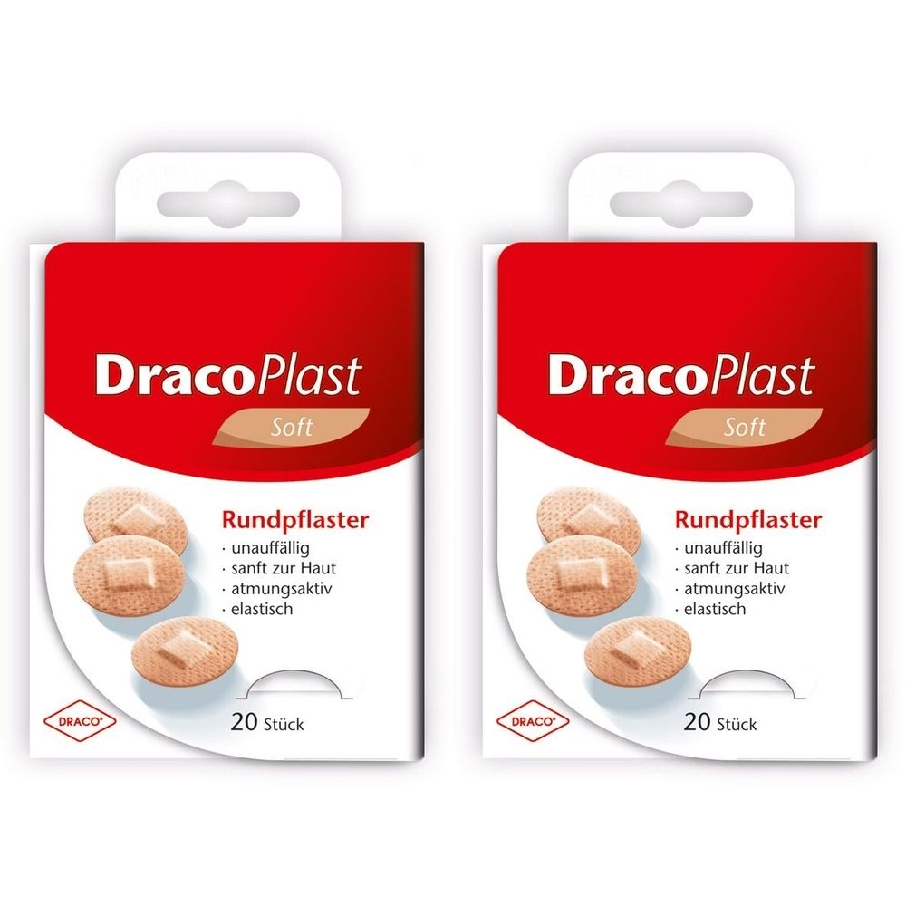 Zwei Packungen Rundpflaster. Auf jeder Packung steht "DracoPlast Soft". Die Pflaster sind hautfarben und rund. Auf jeder Packung sind 20 Stück enthalten.